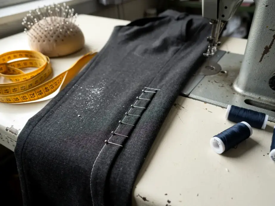 A charcoal trouser leg pinned at a chalked hem beside a sewing machine, with a tape measure and navy thread
