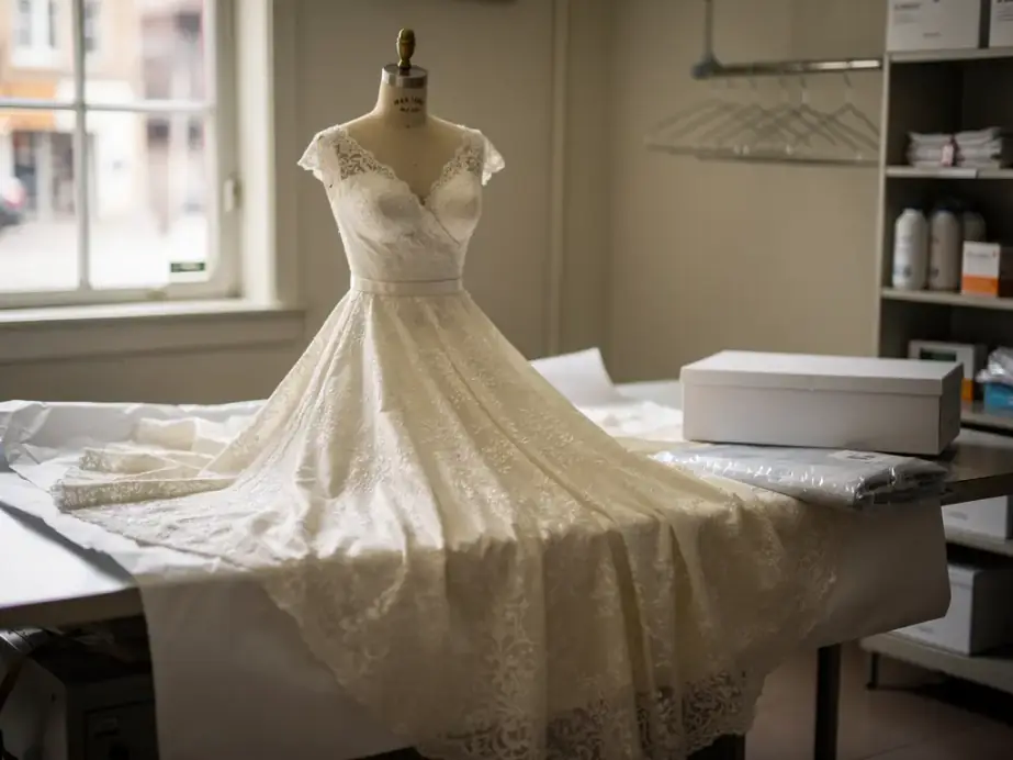 An ivory lace wedding gown on a dress form over white tissue, with a preservation box beside it